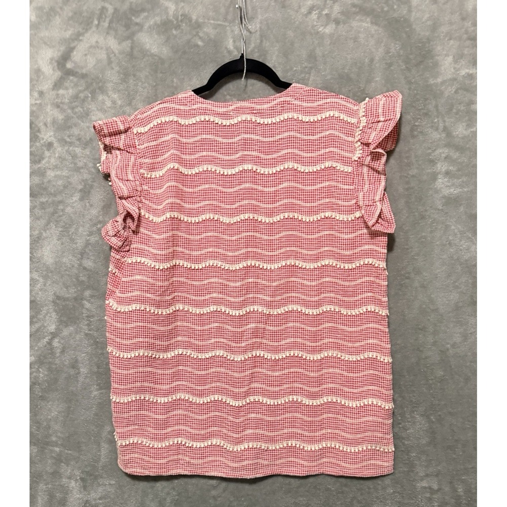 Layerz Clothing Red Gingham Pom Pom Flutter Sleeve Blouse Top Small Cottagecore - Picture 6 of 6